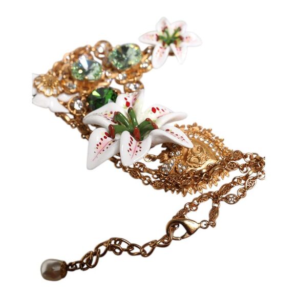 Dolce & Gabbana Gold Brass Lily Crystal Sacred Heart Pendant Women\'s Necklace